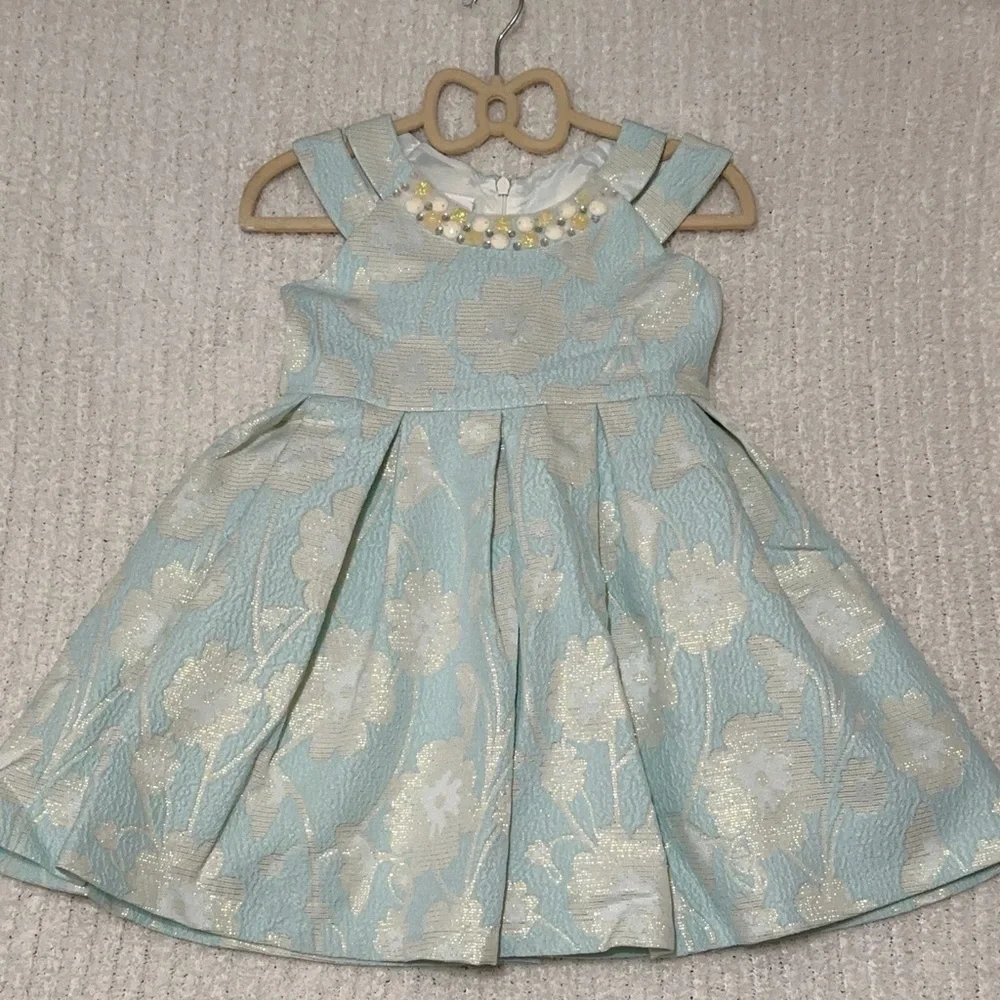 Bonnie Jean Toddler Girls Aqua Floral Jacquard Dress with Pearl Accents